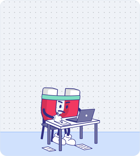 Genlead.ai’s cartoon magnet mascot sitting at a desk, working on a laptop with quiz-building elements floating above its head.